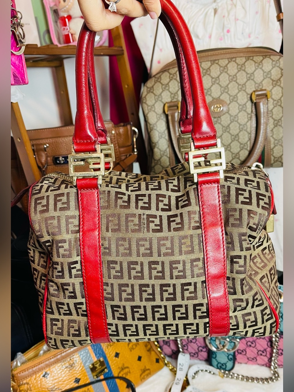 Fendi Authentic Brown Zucca Canvas Satchel with Red Leather Trim - Picture 6 of 15